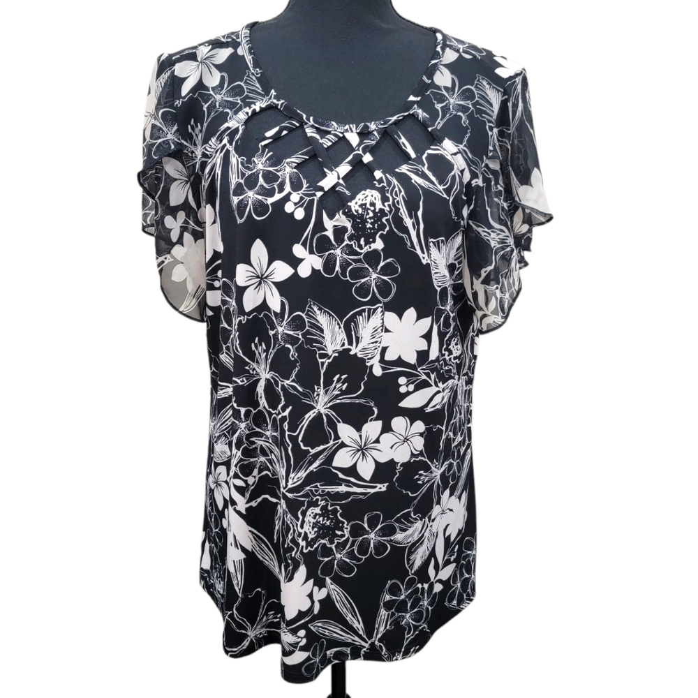 Floral Blouse XL Black Tan Ruffle Sheer Sleeve Stretch Top EUC